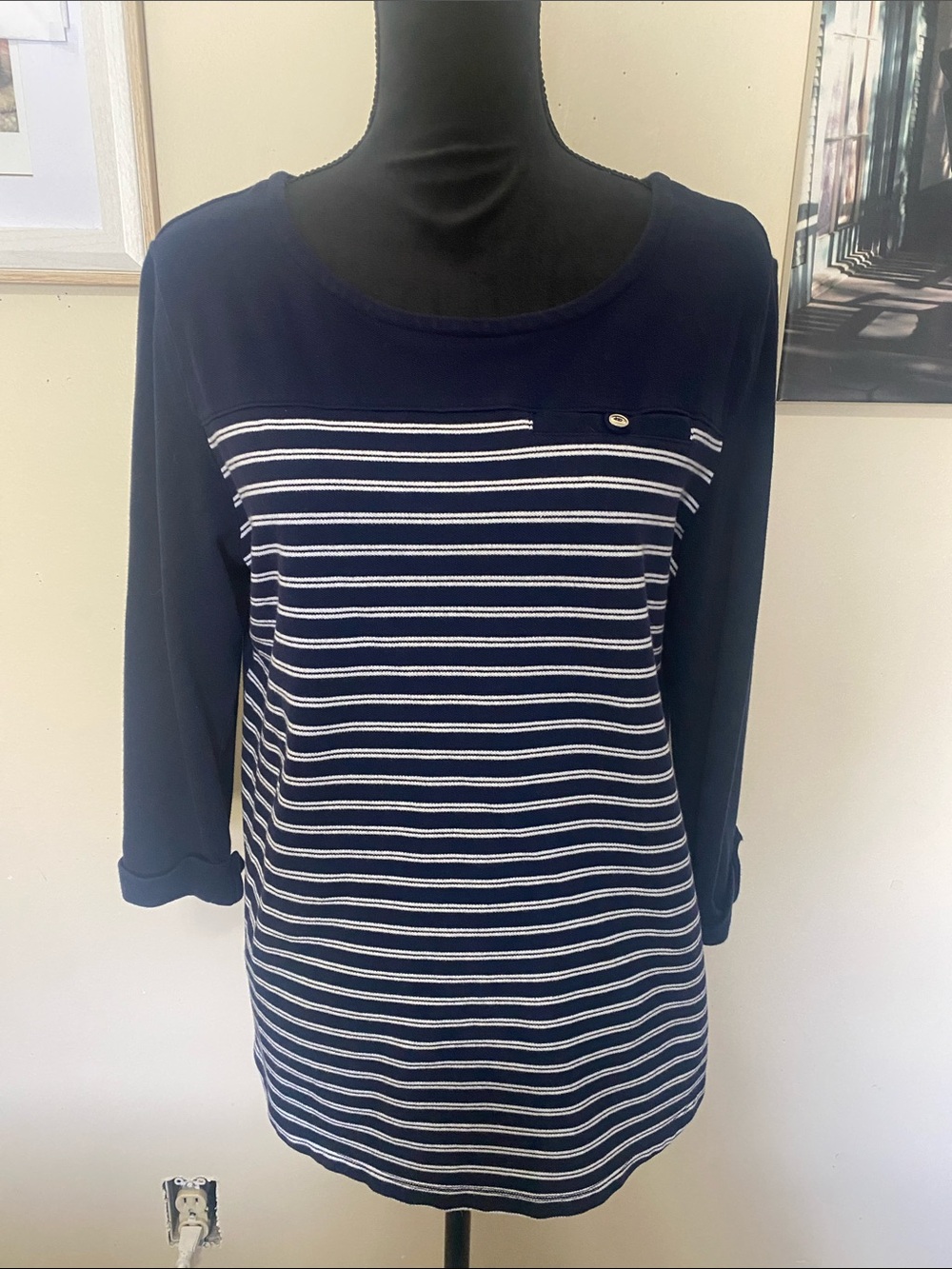 Croft & Barrow Navy Striped Women's Boatneck Knit Sleeve Detail Top Sz Large